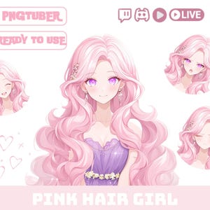 Pngtuber Girl Model Avatar Twitch OBS Stream Overlay Png Tuber Female Pink Hair Purple Eyes in Purple Dress Vtuber Asset Anime Figures