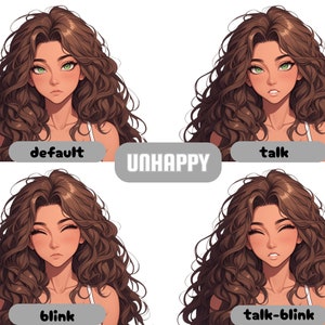 Puede incluir: Una ilustraci&oacute;n digital de una mujer con cabello largo y rizado casta&ntilde;o. Se muestra con diferentes expresiones faciales, incluyendo la predeterminada, hablando, parpadeando y hablando mientras parpadea. El texto "UNHAPPY" se muestra en el centro de la imagen.