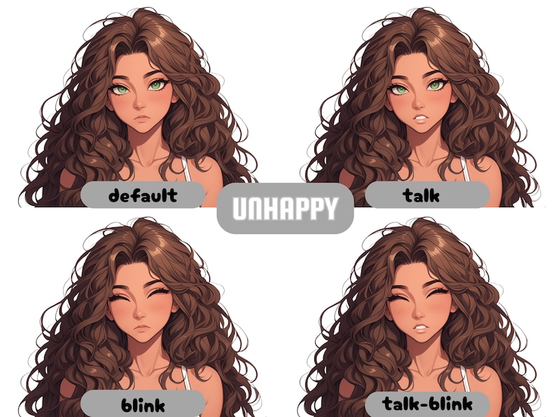 Puede incluir: Una ilustraci&oacute;n digital de una mujer con cabello largo y rizado casta&ntilde;o. Se muestra con diferentes expresiones faciales, incluyendo la predeterminada, hablando, parpadeando y hablando mientras parpadea. El texto "UNHAPPY" se muestra en el centro de la imagen.