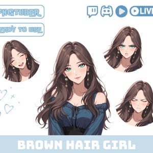 Pngtuber Girl Model Avatar Twitch Overlay OBS Stream Overlay Png Tuber Anime Figures Girl with Brown Hair Vtuber Assets Pngtuber Model