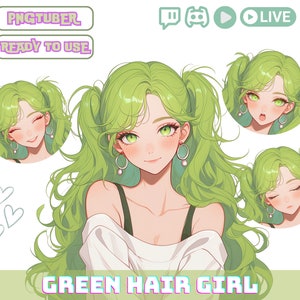 PNGTuber Girl with Green Hair and White Top, PNG Tuber Streaming Avatar,Cute OBS Overlay Character, Kawaii Png Tuber for Twitch and YouTube