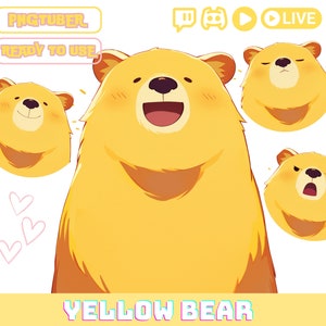 Puede incluir: Un oso de dibujos animados amarillo con diferentes expresiones faciales. El oso sonríe, frunce el ceño y está sorprendido. El texto "YELLOW BEAR" está en la parte inferior de la imagen.
