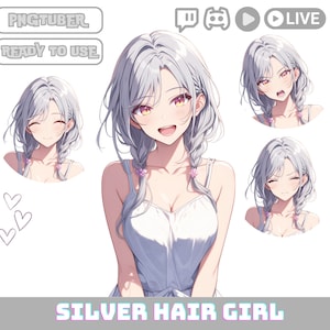 PNGTuber Girl with Silver Hair and White Top, PNG Tuber Streaming Avatar,Cute OBS Overlay Character, Kawaii Png Tuber for Twitch and YouTube