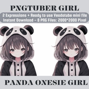 PNGTuber Girl in Panda Onesie, Cute OBS Overlay Character, Ready-to-Use Twitch Avatar, Sweet Anime Streamer
