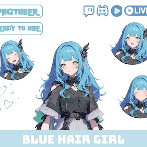 Pngtuber Girl Model Avatar OBS Stream Overlay Twitch Png Tuber Female Blue Hair Green Eyes in Black Dress Vtuber Asset Anime Figures