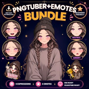 May include: A digital PNGtuber and emote bundle featuring an anime-style character with long brown hair in braids and a dark beanie labeled love. Includes four facial expressions labeled happy, neutral, sad, and angry, plus two additional emotes.