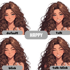 Puede incluir: Una ilustraci&oacute;n digital de una mujer con el pelo largo y rizado de color marr&oacute;n. Se muestra con cuatro expresiones faciales diferentes: predeterminada, feliz, parpadeando y hablando mientras parpadea.