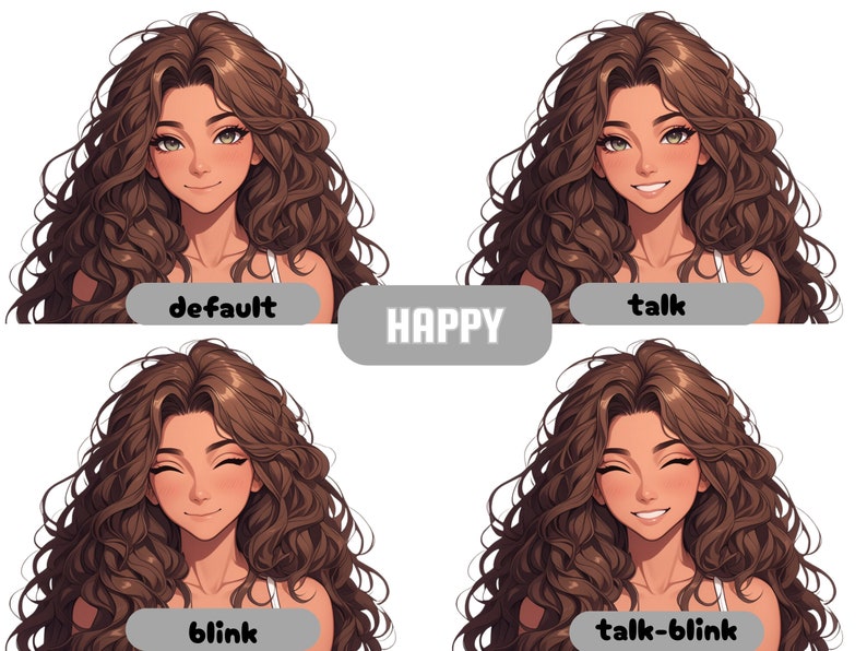 Puede incluir: Una ilustraci&oacute;n digital de una mujer con el pelo largo y rizado de color marr&oacute;n. Se muestra con cuatro expresiones faciales diferentes: predeterminada, feliz, parpadeando y hablando mientras parpadea.