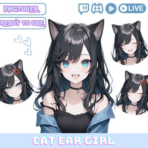 PNGTuber 黒髪の猫耳少女、PNG チューバー ストリーミング アバター、かわいい OBS オーバーレイ キャラクター、Twitch および YouTube 用のかわいい PNG チューバー