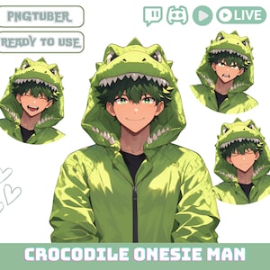 May include: A green crocodile onesie with a zipper and a hood. The hood has a crocodile head design with a toothy grin. The onesie is worn by a person with green hair. The text "CROCODILE ONESIE MAN" is at the bottom of the image.