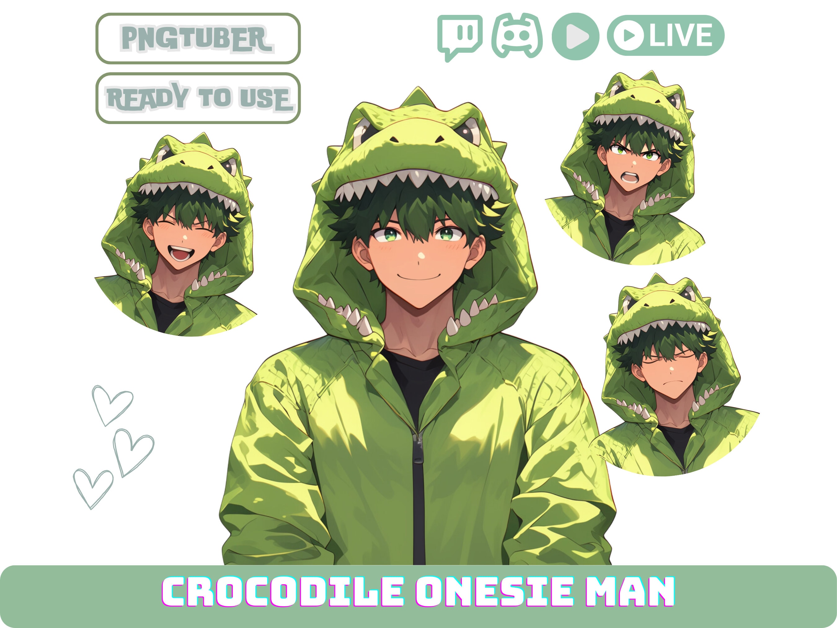 ◆LEE◆ Small Twitch Logo Man to Man Lime Pngtuber Male Model, Green Hair Man in Crocodile Onesie