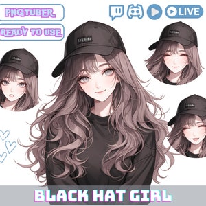 PNGTuber 茶色の髪と黒い帽子の女の子、PNG チューバー ストリーミング アバター、かわいい OBS オーバーレイ キャラクター、Twitch と YouTube 用のかわいい PNG チューバー