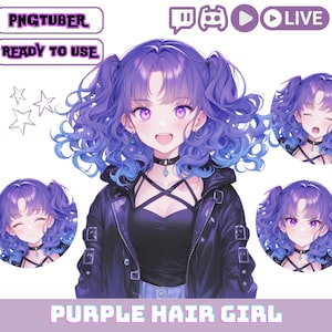 PNGTuber Girl with Purple Hair in Black Jacket PNG Tuber Streaming Avatar,Cute OBS Overlay Character Kawaii Png Tuber for Twitch and YouTube