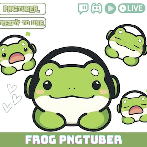 May include: A green frog wearing headphones with a white headband. The frog is sitting with its legs crossed and has a happy expression. The text "FROG PNGTUBER" is below the frog.
