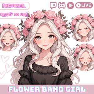 PNGTuber 花のバンドを持つ女の子、PNG チューバー ストリーミング アバター、かわいい OBS オーバーレイ キャラクター、Twitch および YouTube 用のかわいい PNG チューバー