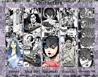 May include: A collage of black and white manga panels featuring characters from the horror series Uzumaki and Tomie. The characters include Tomie, Slug Girl, Uzumaki, Souichi, and Uzumaki BK. The panels are arranged in a grid with the characters' names listed below each panel.
