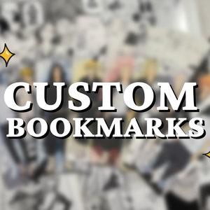 May include: A blurred image of a group of people with the text "CUSTOM BOOKMARKS" in white letters with a black outline. The text is surrounded by yellow stars.
