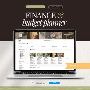 May include: A laptop screen shows a finance and budget planner interface. The text "FINANCE & budget planner" is displayed at the top. The screen shows a dashboard with account details and transaction information. The words "NOTION TEMPLATE" and "BUDGET" are also visible.
