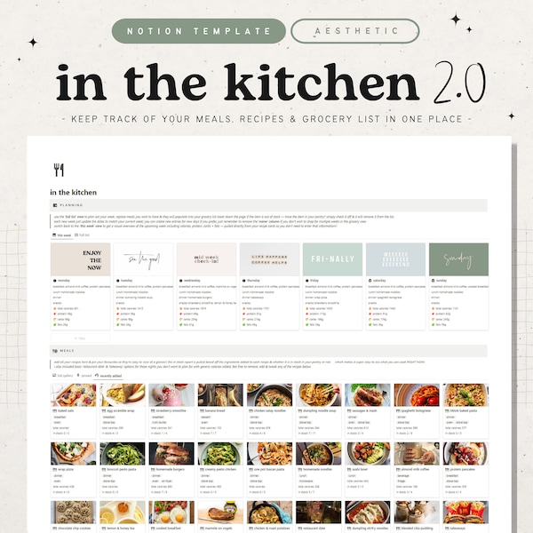 in the kitchen meal planning & recipe notion template • automated aesthetic recipe book, grocery + in stock list • nutrition digital planner