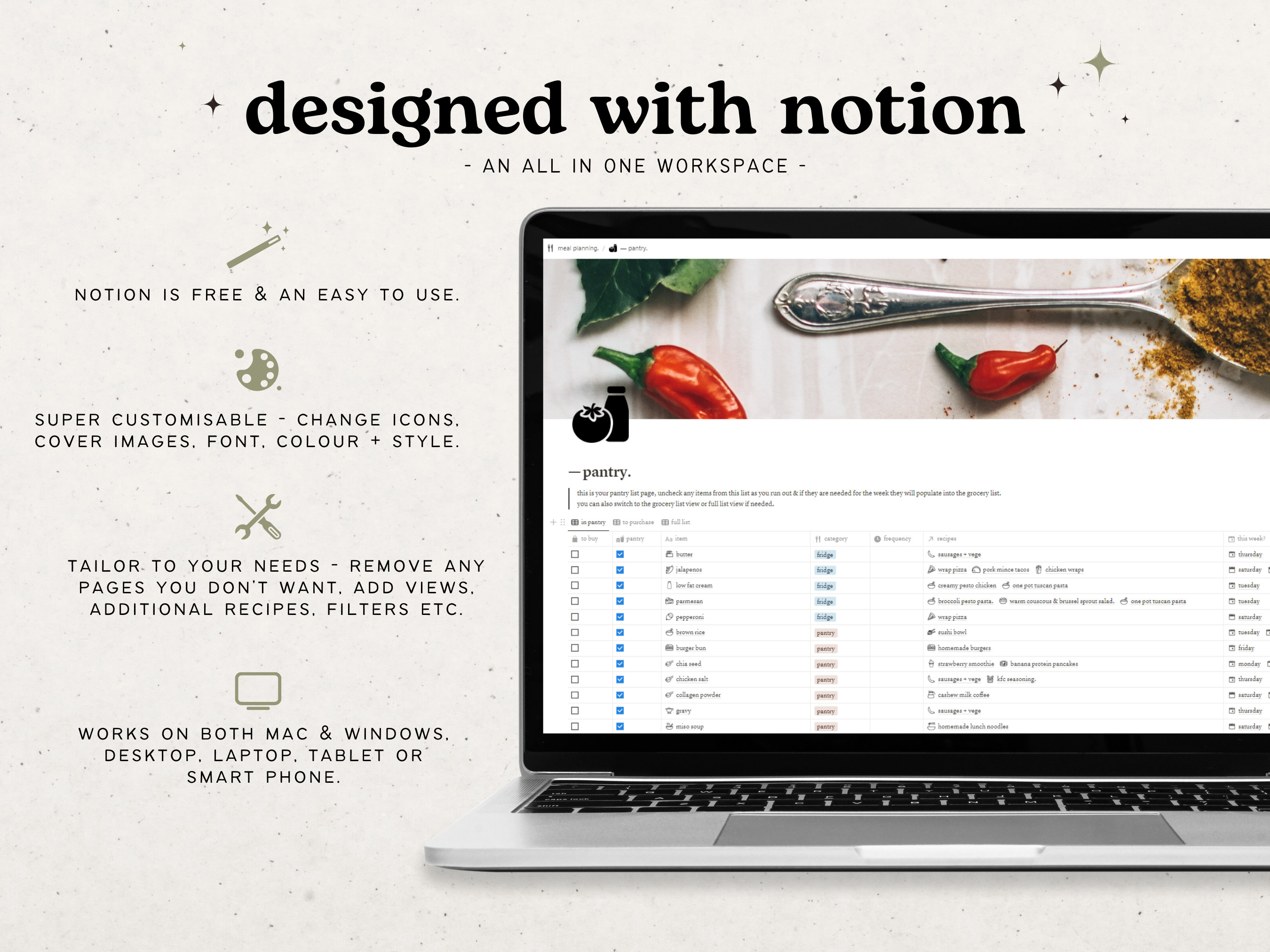 Meal Planning & Recipe Notion Template Automated Aesthetic Recipe Book