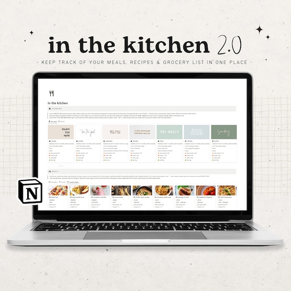 in the kitchen meal planning & recipe notion template • automated aesthetic recipe book, grocery + in stock list • nutrition digital planner