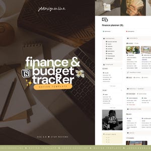Könnte beinhalten: Eine Notion-Vorlage zur Finanz- und Budgetverfolgung mit einem Dashboard-Layout, das Abschnitte für Einnahmen, Ausgaben, Konten und monatliche Budgets enthält. Die Benutzeroberfläche zeigt Textbeschriftungen wie finance planner und add income.