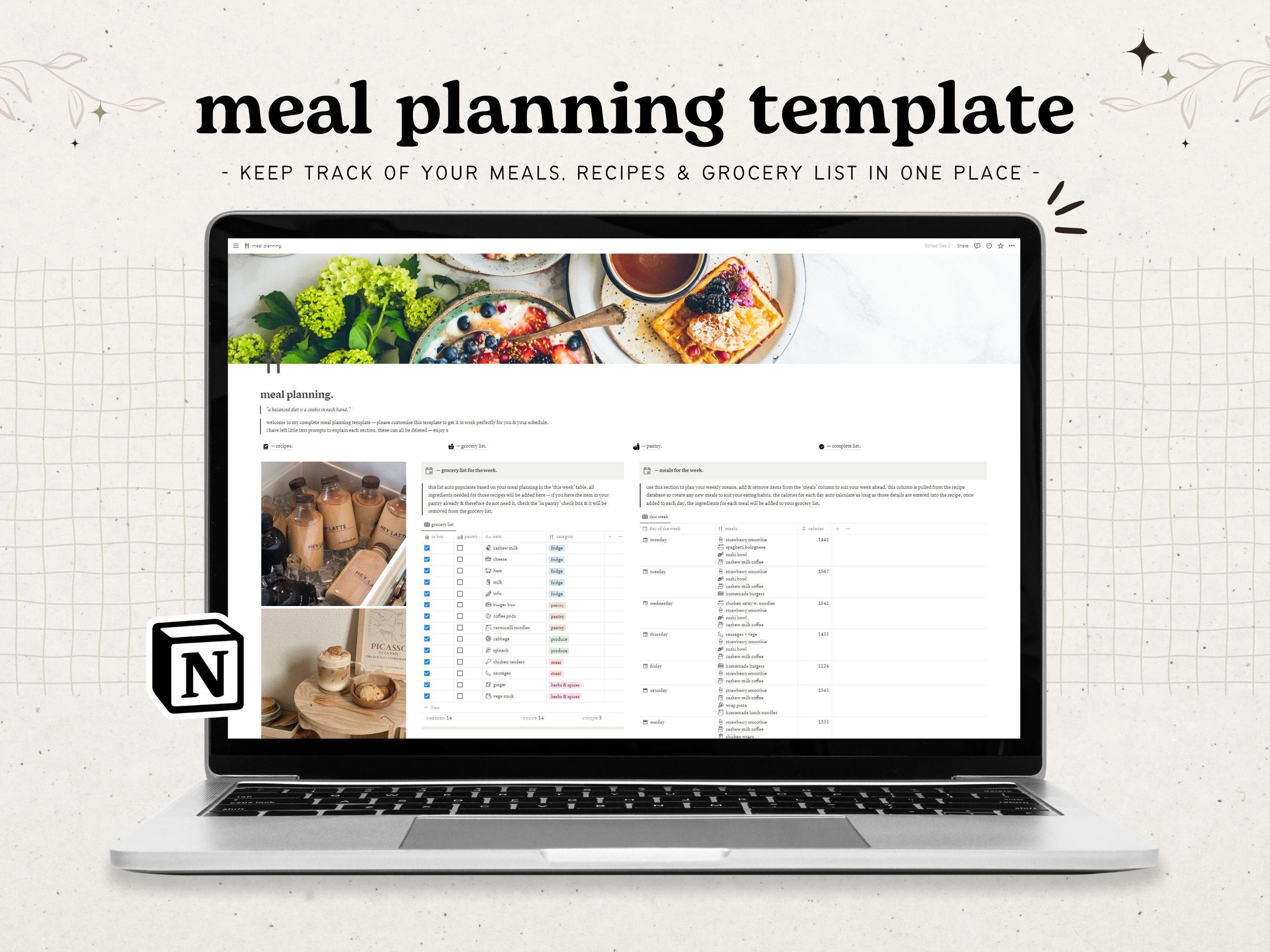 Meal Planning & Recipe Notion Template Automated Aesthetic Recipe Book