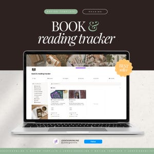 Könnte beinhalten: Ein Laptop zeigt eine Notion-Vorlage für einen Buch- und Lesetracker. Der Bildschirm zeigt ein digitales Dashboard mit Buchcovern und Lesefortschritten. Der Text "BOOK & reading tracker" wird über dem Laptop angezeigt. Ein "BEST seller" Aufkleber ist auf dem Bildschirm.