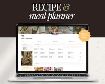 May include: A laptop displaying a recipe and meal planner interface. The screen shows a detailed layout with various sections for planning meals and recipes. The words "RECIPE & meal planner" are displayed in large, stylized text. The words "NOTION TEMPLATE" and "WELLNESS" are also visible.