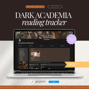 Può includere: Un laptop mostra un'interfaccia di monitoraggio della lettura "Dark Academia". Lo schermo mostra un design a tema scuro con il testo "DARK ACADEMIA reading tracker". Il testo aggiuntivo include "NOTION TEMPLATE", "READING" e "DESIGNED FOR DARK MODE".
