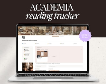 May include: A laptop displays a Notion template for a reading tracker, labeled "ACADEMIA reading tracker." The screen shows a dashboard with sections for tracking books, progress, and challenges. The design features a light academia theme with a vintage aesthetic.