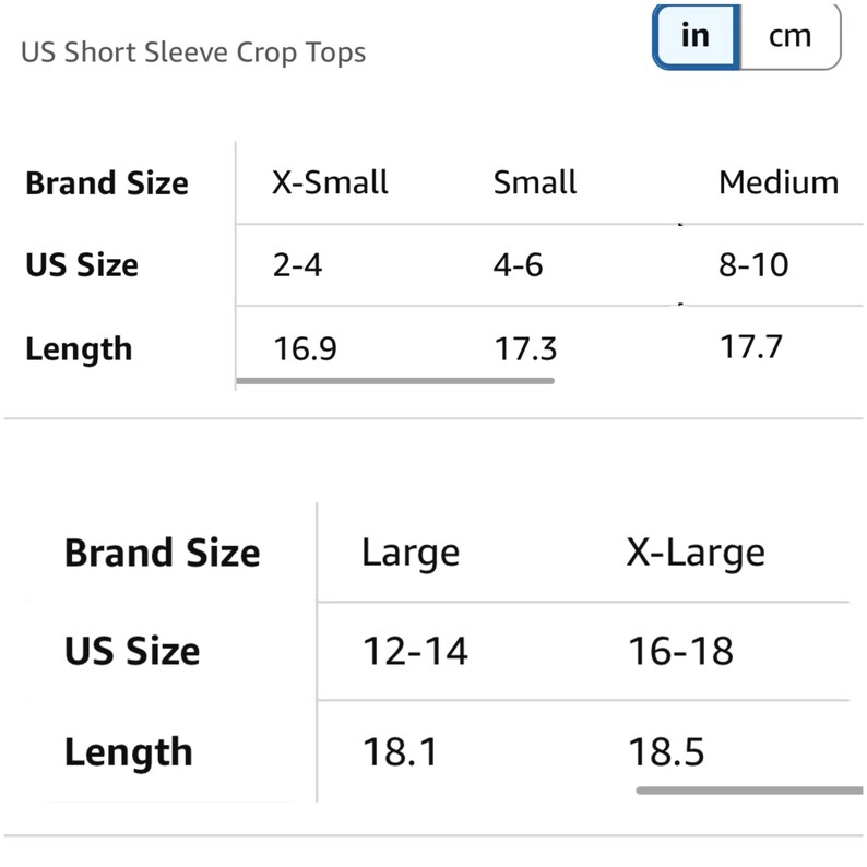 Peut inclure: Tableau des tailles pour les hauts courts &agrave; manches courtes am&eacute;ricains. Le tableau indique les tailles de marque de X-Small &agrave; X-Large, les tailles am&eacute;ricaines de 2-4 &agrave; 16-18 et les longueurs de 42,9 cm &agrave; 47 cm.