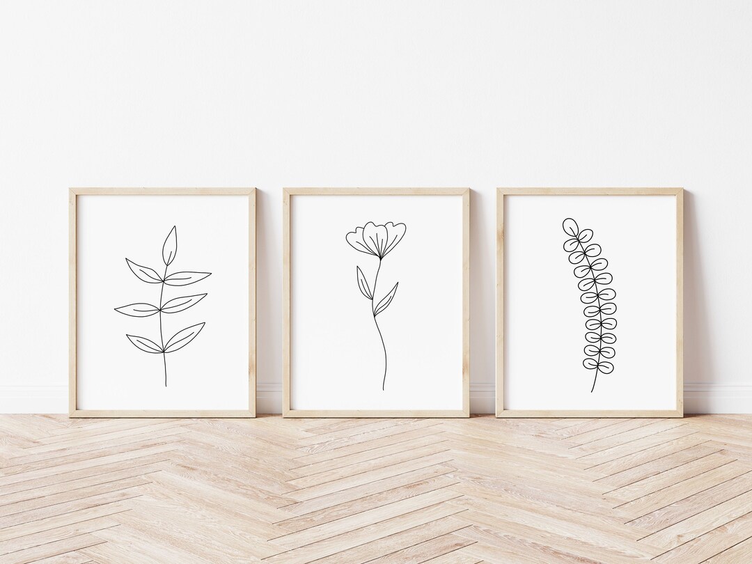 Minimal Botanical Set of 3 Digital Prints | Floral Wall Art | Black and ...