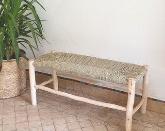 Banc en bois massif et tressage naturel fr