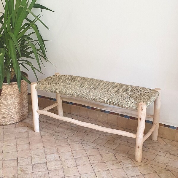 Banc en bois massif et tressage naturel fr