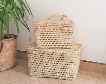 lidded storage basket storage solutions Toy basket with lid in palm leaf and reed  toy box storage box panier \u00e0 linge wicker chest