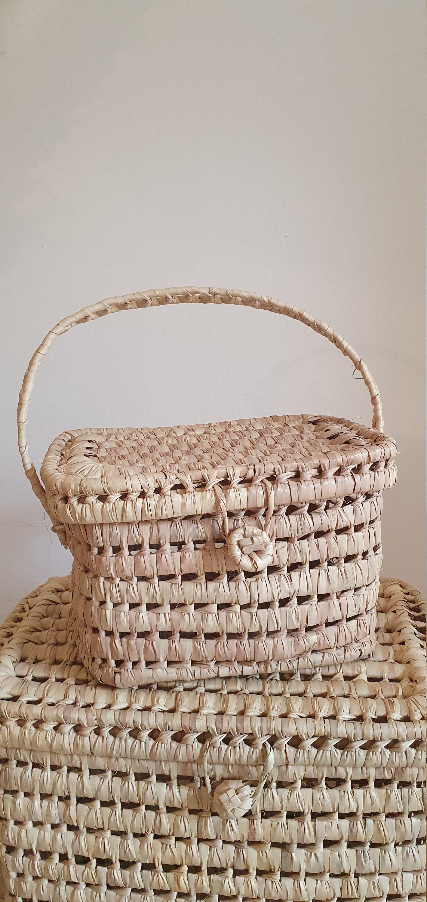 Duo of Wicker Storage Baskets Palm Leaf Storage Chest Storage Etsy
