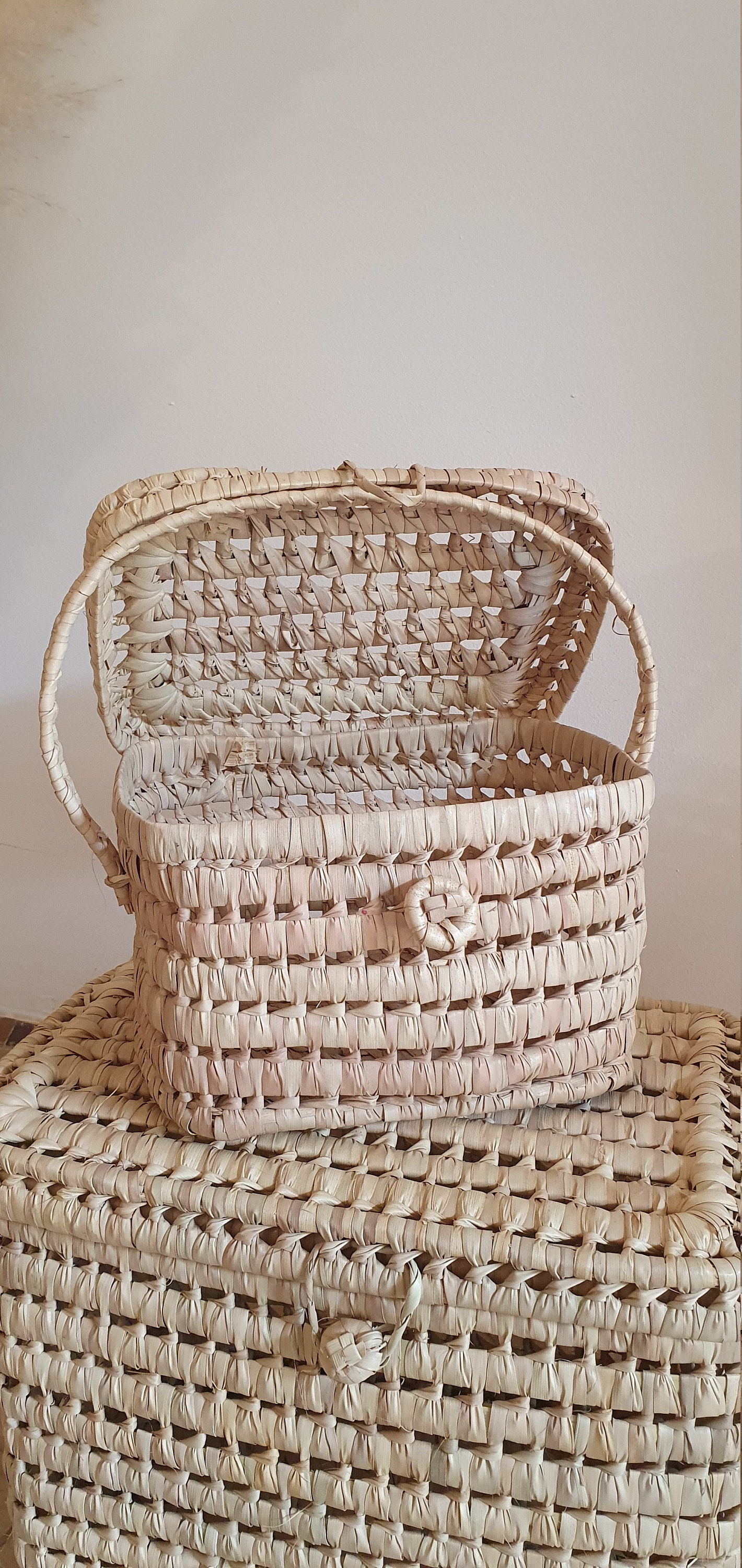 Duo of Wicker Storage Baskets Palm Leaf Storage Chest Storage Etsy