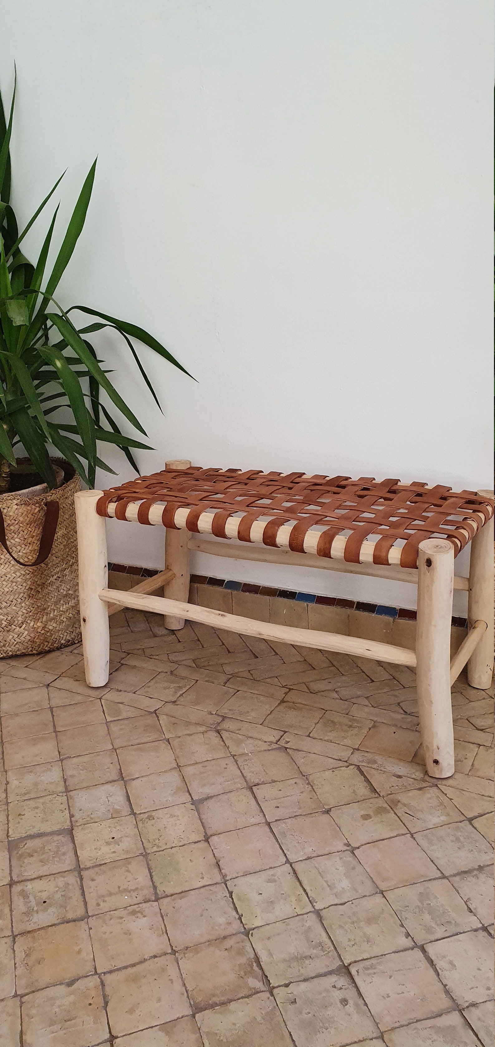 Moroccan bench made of solid wood and camel leather