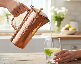 Artisan Copper Pitcher, Bright Finish (Handmade 1 Liter Water Jug)