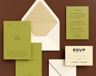 May include: A wedding invitation suite with olive green and cream-colored stationery. The suite includes invitation cards, RSVP cards, and envelopes. The text on the invitation reads "Are Getting Married" and "AmeliaandJames.com".