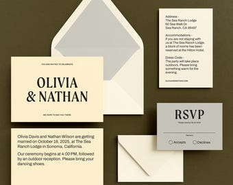May include: A wedding invitation suite with a cream background and black text. The invitation features the names "Olivia & Nathan" and the date "October 18, 2025". The RSVP card has a gray background and black text.