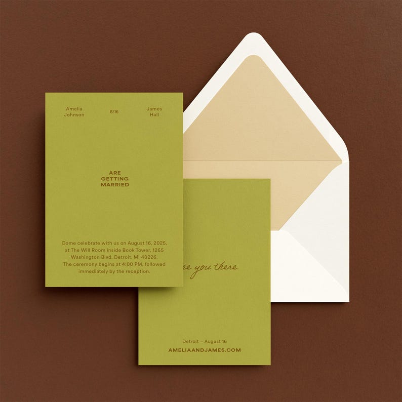 May include: A green and brown wedding invitation with the text "Amelia Johnson and James Hall are getting married" and details about the wedding ceremony and reception. The invitation is in a white envelope.