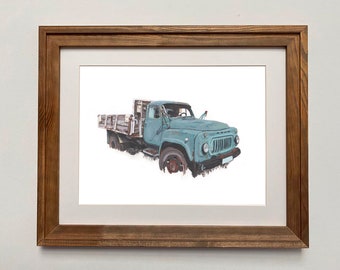 BG I -GAZ 3307-Print- Bulgaria-Old Truck-Copy Painting Gouache--Art-Antique Vehicle-Gouache-Vintage-Soviet-Realistic-Decoration