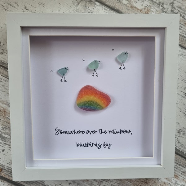 Seaglass art frame quote somewhere over the rainbow bluebirds fly picture wall art home decor gift cute