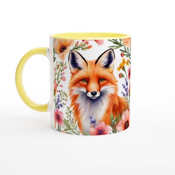 Floral Fox Mug 11oz Ceramic Spring Mug, Gifts For Fox Lovers, Gifts For Her
