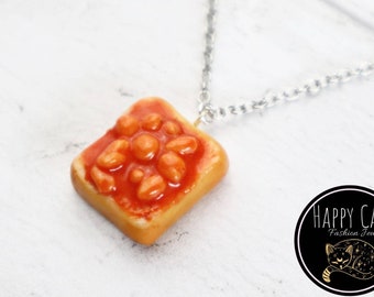 Handmade Unusual Fun Novelty Fimo Baked Beans on Toast Pendant Chain Necklace Handmade Unusual Fun Novelty Fimo Baked Beans on Toast Pendant Chain Necklace