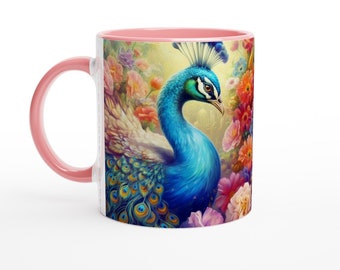 Floral Peacock Ceramic Mug: Colorful Bird Art, 11oz