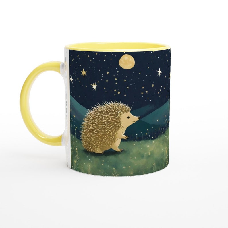 Niebiański Jeż: Ceramiczny kubek do kawy z motywem Księżyca i Gwiazd Ceramic Yellow