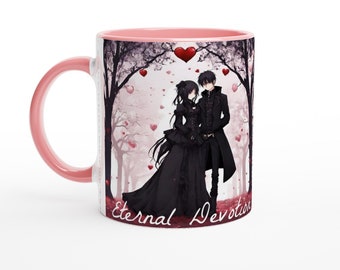 May include: A pink and white ceramic mug featuring an anime couple dressed in black, standing in a forest with pink hearts falling around them. The text "Eternal Devotion" is printed on the bottom of the mug.